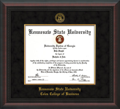 Image of Kennesaw State University Diploma Frame - Coles College of Business - Mahogany Braid - with KSU Seal - and CCB Business Name - with Gold Fillet - Black Suede mat