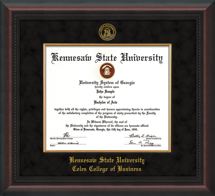 Image of Kennesaw State University Diploma Frame - Coles College of Business - Mahogany Braid - with KSU Seal - and CCB Business Name - with Gold Fillet - Black Suede mat