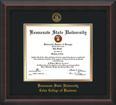 Image of Kennesaw State University Diploma Frame - Coles College of Business - Mahogany Braid - with KSU Seal - and Coles embossing - Black on Gold mat