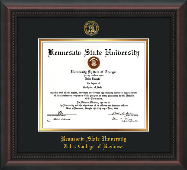 Image of Kennesaw State University Diploma Frame - Coles College of Business - Mahogany Braid - with KSU Seal - and Coles embossing - Black on Gold mat
