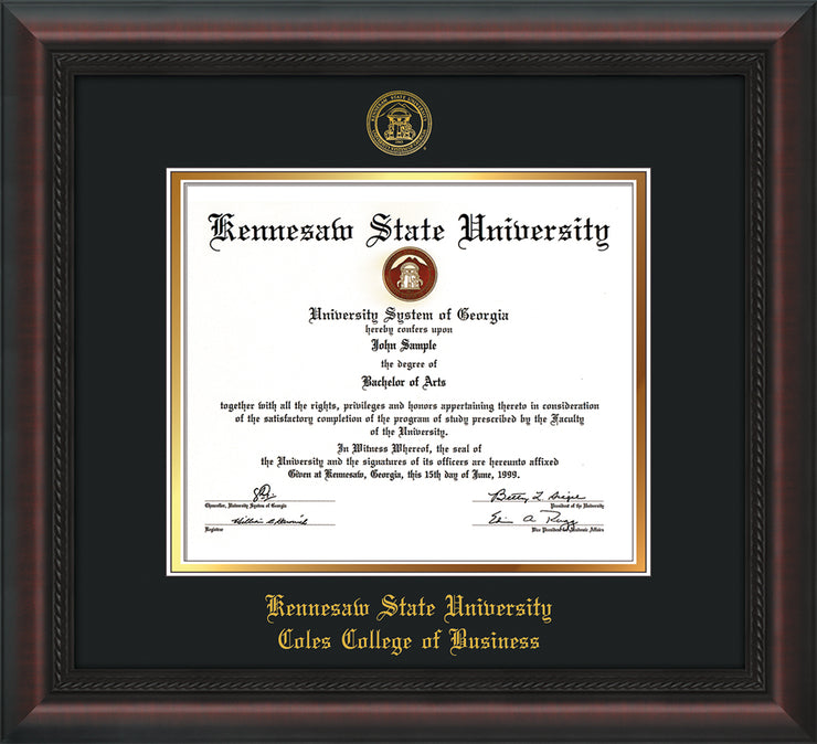 Image of Kennesaw State University Diploma Frame - Coles College of Business - Mahogany Braid - with KSU Seal - and Coles embossing - Black on Gold mat