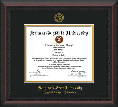 Image of Kennesaw State University Diploma Frame - Bagwell College of Education - Mahogany Braid - with KSU Seal - and BCE Education Name - Black on Gold mat