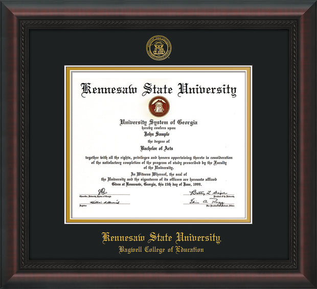 Image of Kennesaw State University Diploma Frame - Bagwell College of Education - Mahogany Braid - with KSU Seal - and BCE Education Name - Black on Gold mat