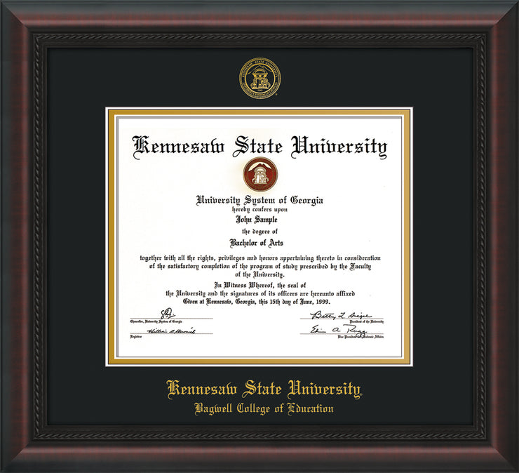 Image of Kennesaw State University Diploma Frame - Bagwell College of Education - Mahogany Braid - with KSU Seal - and BCE Education Name - Black on Gold mat
