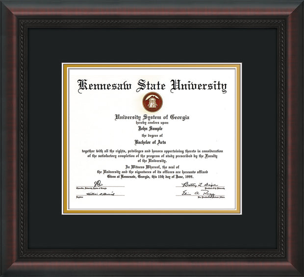 Image of Kennesaw State University Diploma Frame - Mahogany Braid - w/No Embossing - Black on Gold mat