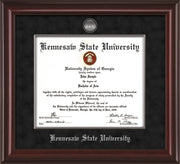 Image of Kennesaw State University Diploma Frame - Mahogany Lacquer - w/Silver-Plated Medallion & Fillet - w/KSU Name Embossing - Black Suede mat