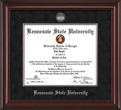 Image of Kennesaw State University Diploma Frame - Mahogany Lacquer - w/Silver-Plated Medallion & Fillet - w/KSU Name Embossing - Black Suede mat
