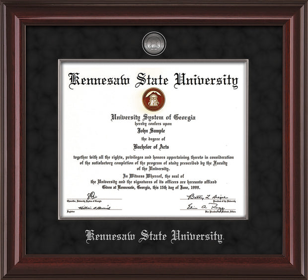 Image of Kennesaw State University Diploma Frame - Mahogany Lacquer - w/Silver-Plated Medallion & Fillet - w/KSU Name Embossing - Black Suede mat