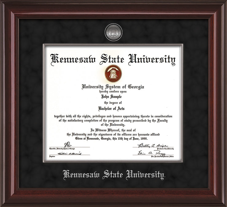 Image of Kennesaw State University Diploma Frame - Mahogany Lacquer - w/Silver-Plated Medallion & Fillet - w/KSU Name Embossing - Black Suede mat