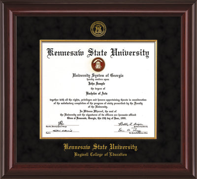 Image of Kennesaw State University Diploma Frame - Bagwell College of Education - Mahogany Lacquer - with KSU Seal - and BCE Education Name - with Gold Fillet - Black Suede mat