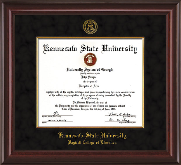 Image of Kennesaw State University Diploma Frame - Bagwell College of Education - Mahogany Lacquer - with KSU Seal - and BCE Education Name - with Gold Fillet - Black Suede mat