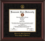 Image of Kennesaw State University Diploma Frame - Coles College of Business - Mahogany Lacquer - with KSU Seal - and CCB Business Name - with Gold Fillet - Black Suede mat