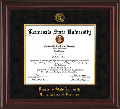 Image of Kennesaw State University Diploma Frame - Coles College of Business - Mahogany Lacquer - with KSU Seal - and CCB Business Name - with Gold Fillet - Black Suede mat