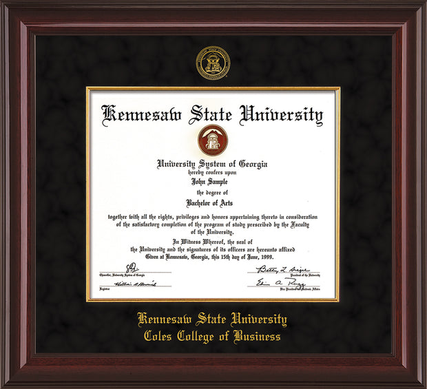 Image of Kennesaw State University Diploma Frame - Coles College of Business - Mahogany Lacquer - with KSU Seal - and CCB Business Name - with Gold Fillet - Black Suede mat