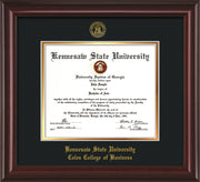 Image of Kennesaw State University Diploma Frame - Coles College of Business - Mahogany Lacquer - with KSU Seal - and Coles embossing - Black on Gold mat