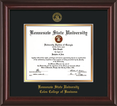 Image of Kennesaw State University Diploma Frame - Coles College of Business - Mahogany Lacquer - with KSU Seal - and Coles embossing - Black on Gold mat
