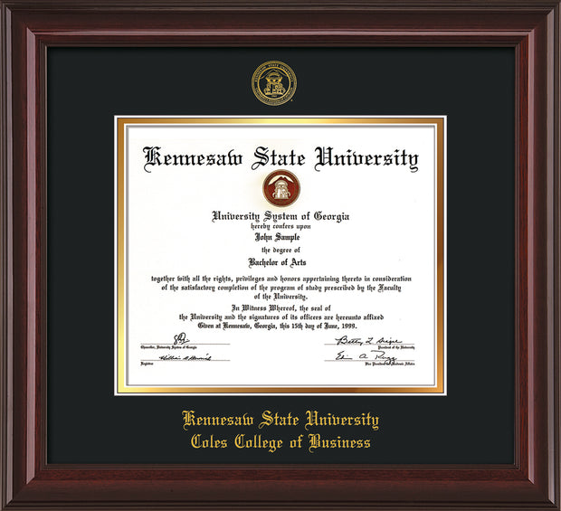 Image of Kennesaw State University Diploma Frame - Coles College of Business - Mahogany Lacquer - with KSU Seal - and Coles embossing - Black on Gold mat