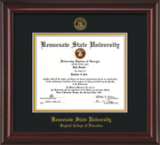 Image of Kennesaw State University Diploma Frame - Bagwell College of Education - Mahogany Lacquer - with KSU Seal - and BCE Education Name - Black on Gold mat