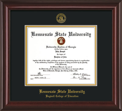 Image of Kennesaw State University Diploma Frame - Bagwell College of Education - Mahogany Lacquer - with KSU Seal - and BCE Education Name - Black on Gold mat