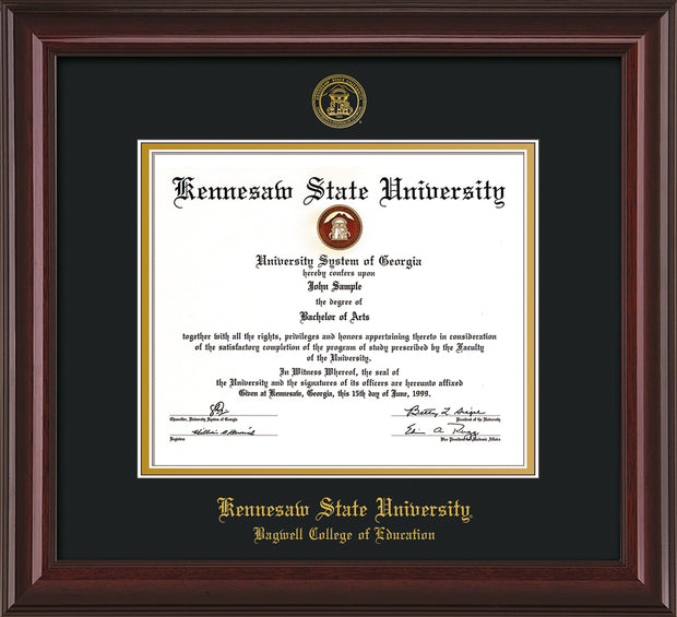 Image of Kennesaw State University Diploma Frame - Bagwell College of Education - Mahogany Lacquer - with KSU Seal - and BCE Education Name - Black on Gold mat