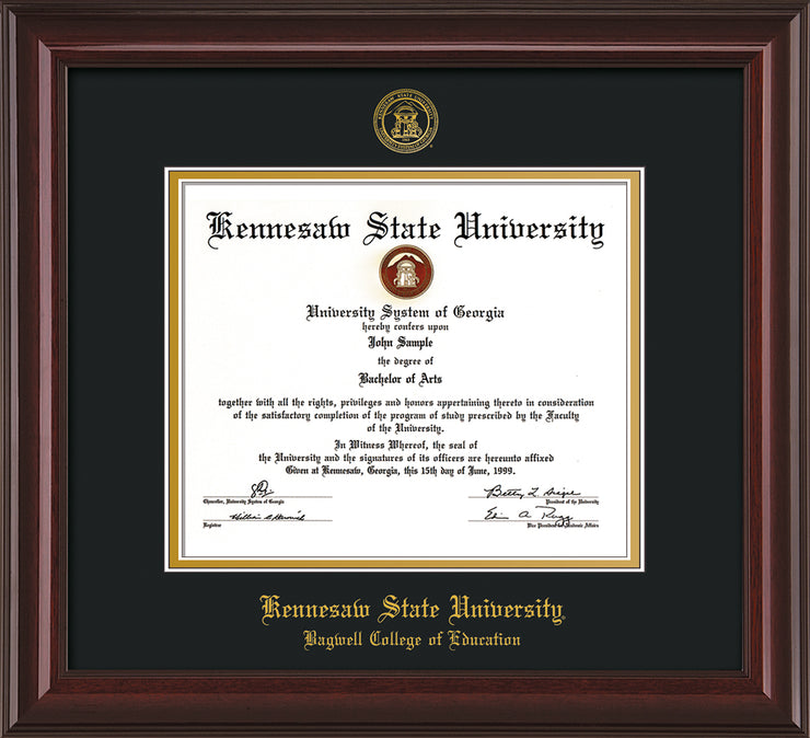 Image of Kennesaw State University Diploma Frame - Bagwell College of Education - Mahogany Lacquer - with KSU Seal - and BCE Education Name - Black on Gold mat