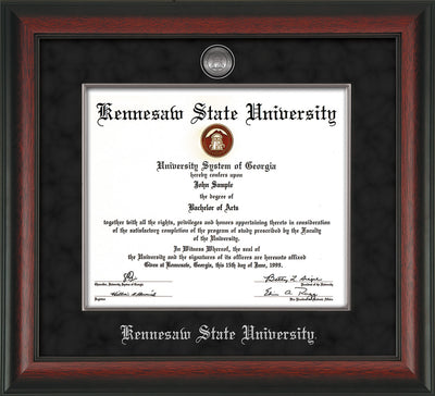 Image of Kennesaw State University Diploma Frame - Rosewood - w/Silver-Plated Medallion & Fillet - w/KSU Name Embossing - Black Suede mat