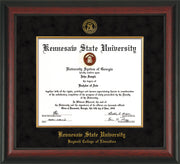 Image of Kennesaw State University Diploma Frame - Bagwell College of Education - Rosewood - with KSU Seal - and BCE Education Name - with Gold Fillet - Black Suede mat