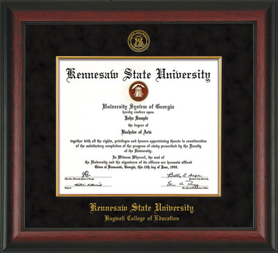 Image of Kennesaw State University Diploma Frame - Bagwell College of Education - Rosewood - with KSU Seal - and BCE Education Name - with Gold Fillet - Black Suede mat