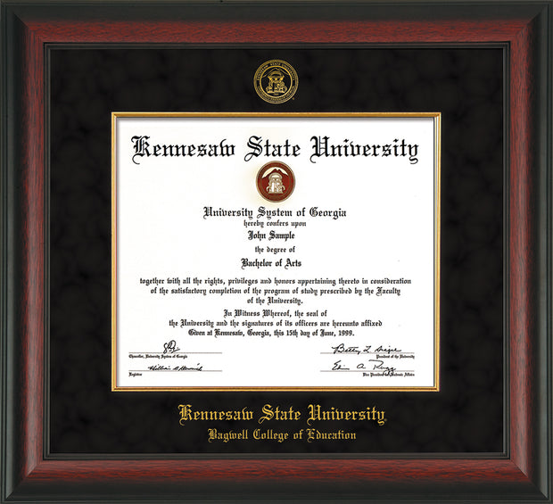 Image of Kennesaw State University Diploma Frame - Bagwell College of Education - Rosewood - with KSU Seal - and BCE Education Name - with Gold Fillet - Black Suede mat