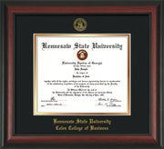 Image of Kennesaw State University Diploma Frame - Coles College of Business - Rosewood - with KSU Seal - and CCB Business Name - Black on Gold mat