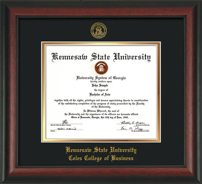 Image of Kennesaw State University Diploma Frame - Coles College of Business - Rosewood - with KSU Seal - and CCB Business Name - Black on Gold mat