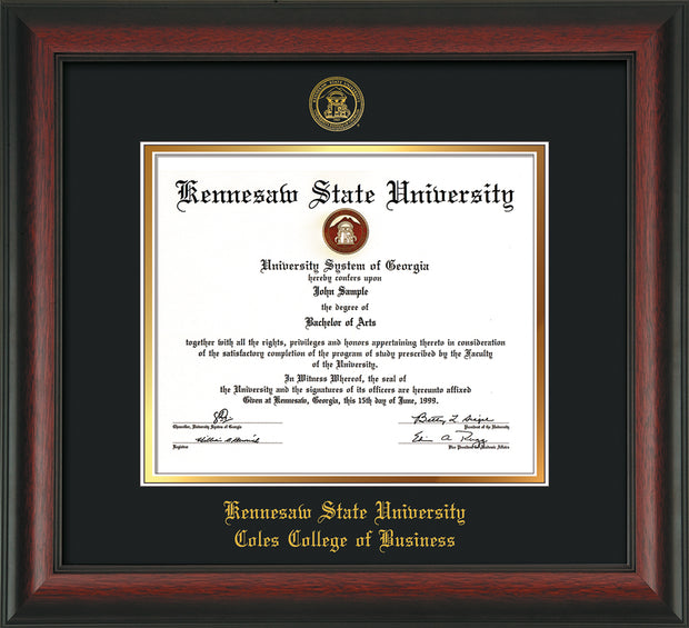 Image of Kennesaw State University Diploma Frame - Coles College of Business - Rosewood - with KSU Seal - and CCB Business Name - Black on Gold mat