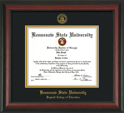 Image of Kennesaw State University Diploma Frame - Bagwell College of Education - Rosewood - with KSU Seal - and BCE Education Name - Black on Gold mat