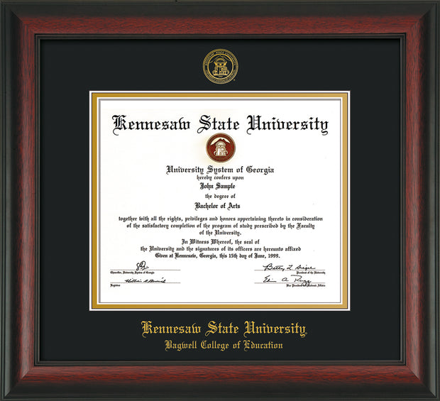 Image of Kennesaw State University Diploma Frame - Bagwell College of Education - Rosewood - with KSU Seal - and BCE Education Name - Black on Gold mat