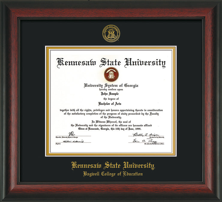 Image of Kennesaw State University Diploma Frame - Bagwell College of Education - Rosewood - with KSU Seal - and BCE Education Name - Black on Gold mat