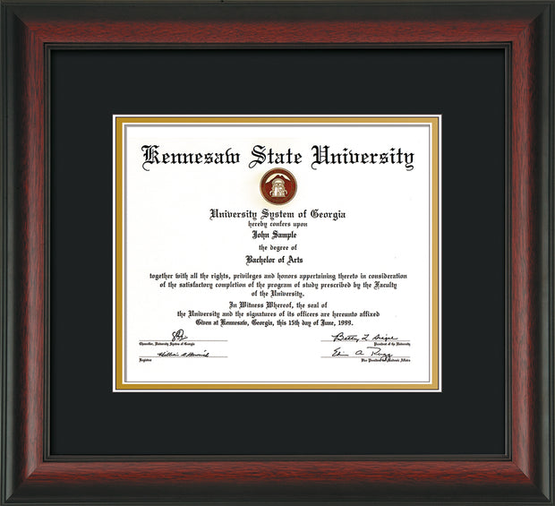 Image of Kennesaw State University Diploma Frame - Rosewood - w/No Embossing - Black on Gold mat