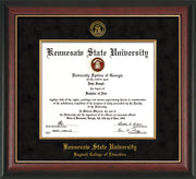 Image of Kennesaw State University Diploma Frame - Bagwell College of Education - Rosewood with Gold Lip - with KSU Seal - and BCE Education Name - with Gold Fillet - Black Suede mat