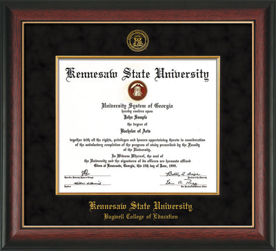 Image of Kennesaw State University Diploma Frame - Bagwell College of Education - Rosewood with Gold Lip - with KSU Seal - and BCE Education Name - with Gold Fillet - Black Suede mat
