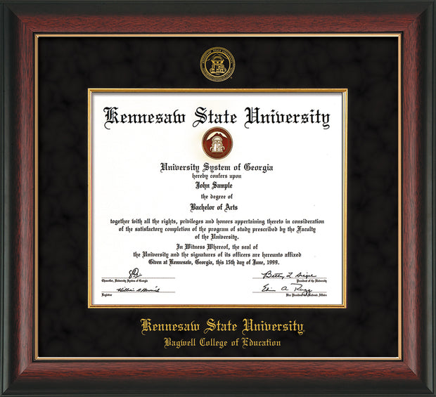 Image of Kennesaw State University Diploma Frame - Bagwell College of Education - Rosewood with Gold Lip - with KSU Seal - and BCE Education Name - with Gold Fillet - Black Suede mat