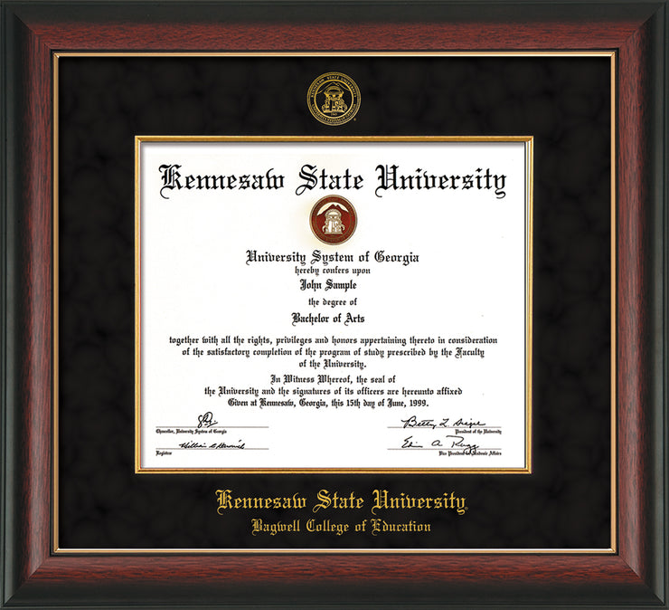 Image of Kennesaw State University Diploma Frame - Bagwell College of Education - Rosewood with Gold Lip - with KSU Seal - and BCE Education Name - with Gold Fillet - Black Suede mat