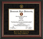 Image of Kennesaw State University Diploma Frame - Coles College of Business - Rosewood with Gold Lip - with KSU Seal - and CCB Business Name - with Gold Fillet - Black Suede mat