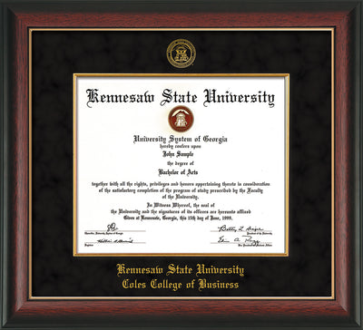 Image of Kennesaw State University Diploma Frame - Coles College of Business - Rosewood with Gold Lip - with KSU Seal - and CCB Business Name - with Gold Fillet - Black Suede mat