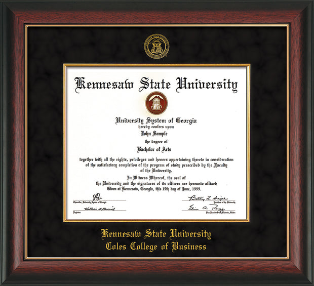 Image of Kennesaw State University Diploma Frame - Coles College of Business - Rosewood with Gold Lip - with KSU Seal - and CCB Business Name - with Gold Fillet - Black Suede mat