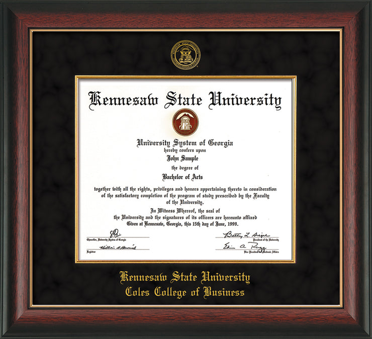 Image of Kennesaw State University Diploma Frame - Coles College of Business - Rosewood with Gold Lip - with KSU Seal - and CCB Business Name - with Gold Fillet - Black Suede mat