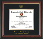 Image of Kennesaw State University Diploma Frame - Coles College of Business - Rosewood w/Gold Lip - with KSU Seal - and Coles embossing - Black on Gold mat
