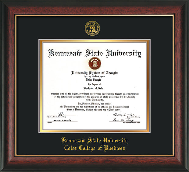 Image of Kennesaw State University Diploma Frame - Coles College of Business - Rosewood w/Gold Lip - with KSU Seal - and Coles embossing - Black on Gold mat