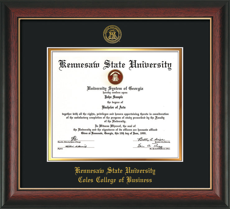 Image of Kennesaw State University Diploma Frame - Coles College of Business - Rosewood w/Gold Lip - with KSU Seal - and Coles embossing - Black on Gold mat