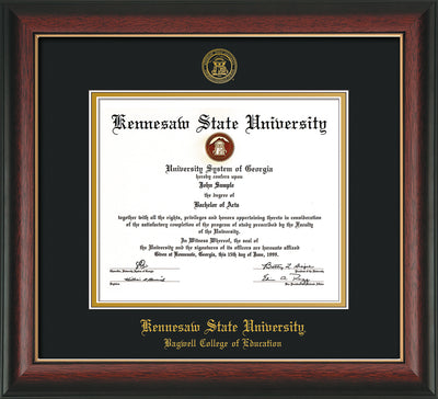 Image of Kennesaw State University Diploma Frame - Bagwell College of Education - Rosewood w/Gold Lip - with KSU Seal - and BCE Education Name - Black on Gold mat