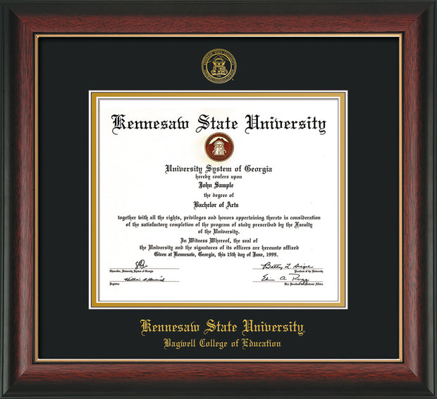 Image of Kennesaw State University Diploma Frame - Bagwell College of Education - Rosewood w/Gold Lip - with KSU Seal - and BCE Education Name - Black on Gold mat