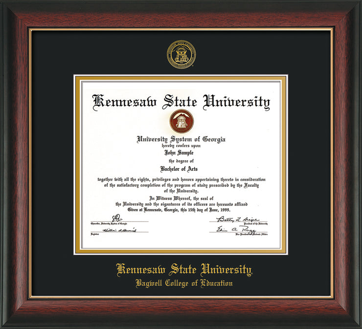 Image of Kennesaw State University Diploma Frame - Bagwell College of Education - Rosewood w/Gold Lip - with KSU Seal - and BCE Education Name - Black on Gold mat
